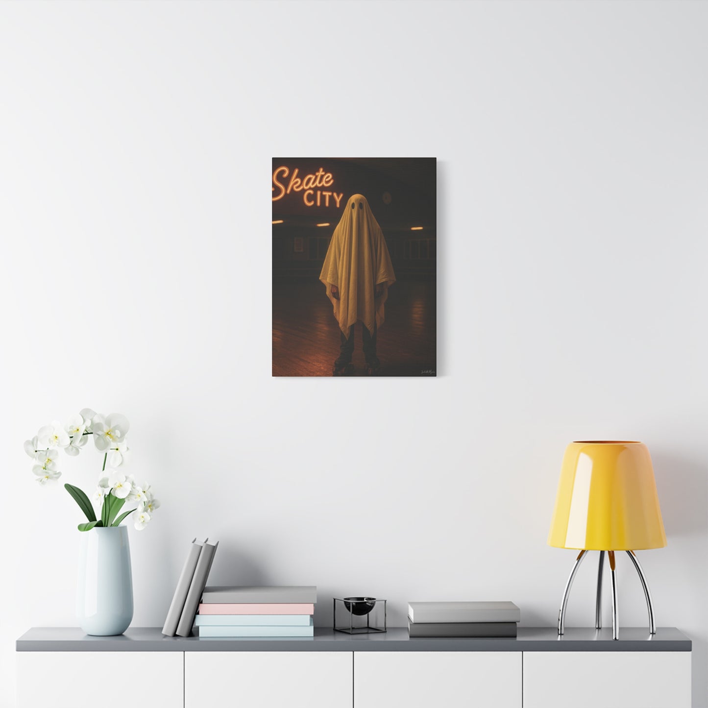 Ghost at the Roller Rink Canvas Wall Art β Retro 80s Nostalgic Halloween Decor