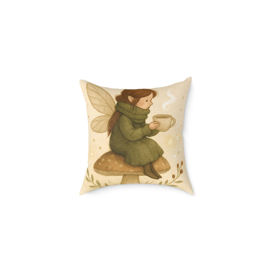 Cozy Winter Fairy Throw Pillow – Tea on a Toadstool & Lantern Fairy Canvas Cushion