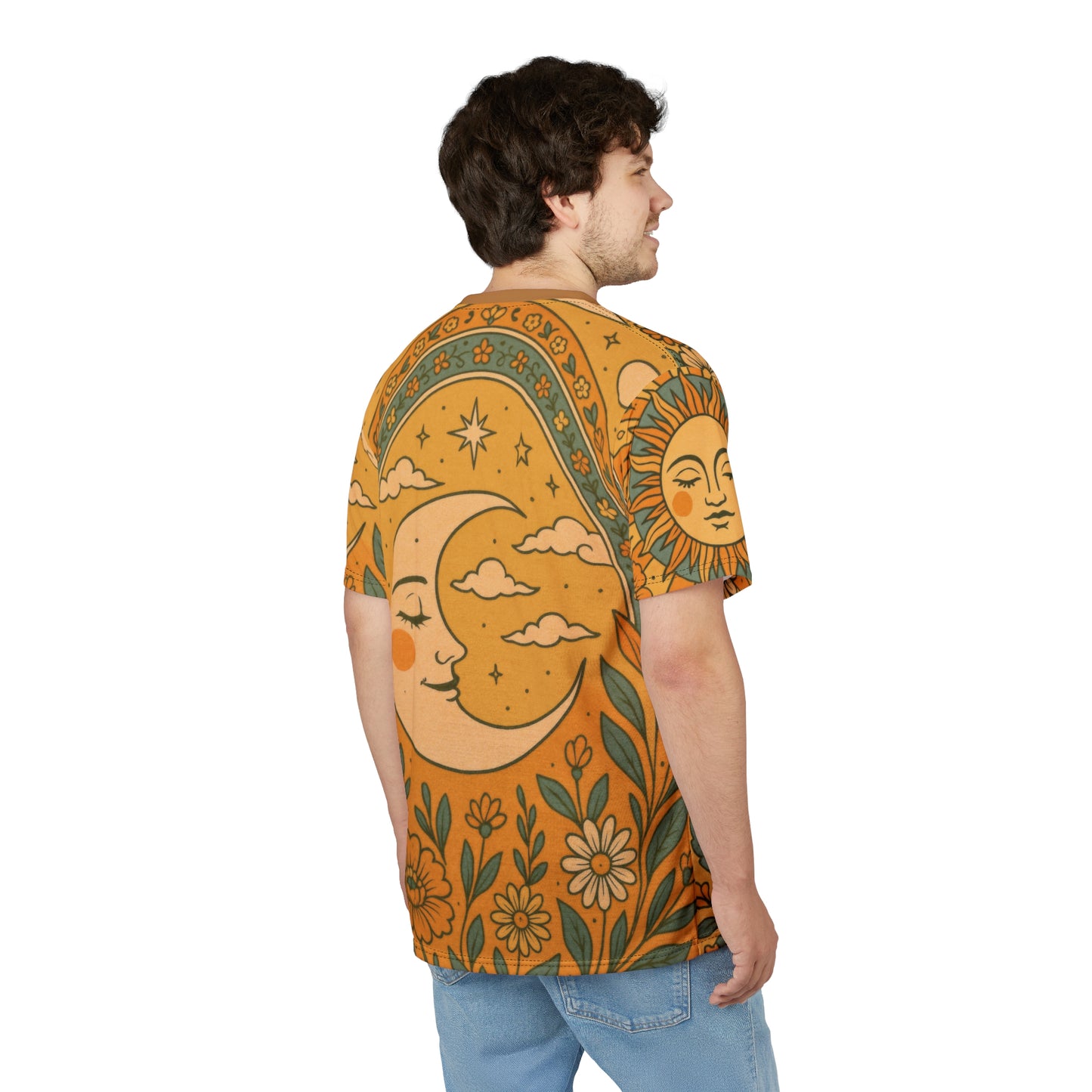 Sun & Moon Boho Vibes Unisex Cut & Sew Tee | AOP Shirt, Boho Style Tee, Perfect for Summer, Gift for Nature Lovers, Festival Wear