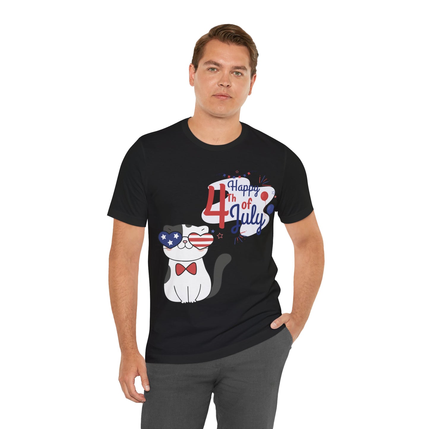 Patriotic Party Cat Tee – Happy 4th of July – Unisex Bella+Canvas Jersey Tee - 4th of July Tee