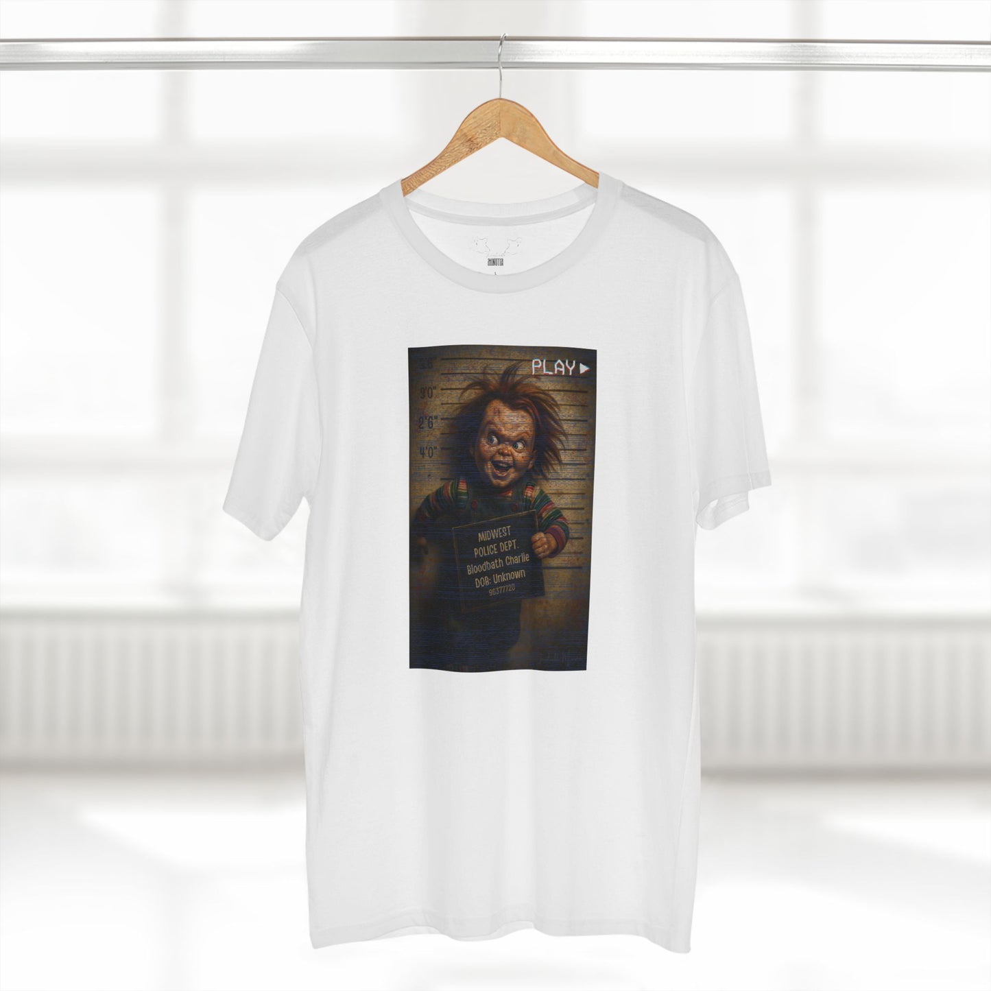 Creepy Killer Doll Mugshot T-Shirt – Halloween Horror Tee, Boutique DTG Print, Premium Cotton Tee, 90s VHS Aesthetic