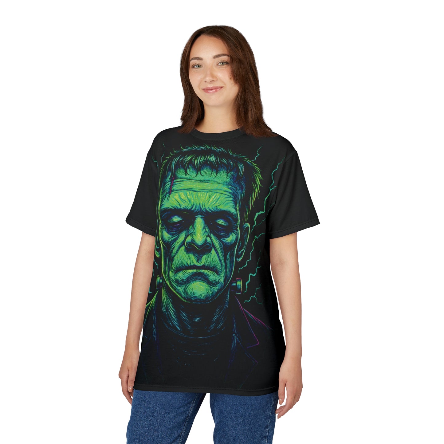 Frankenstein's Monster AOP Halloween T-Shirt – Electric Neon Green Extra Large Print Tee (All-Over Print)