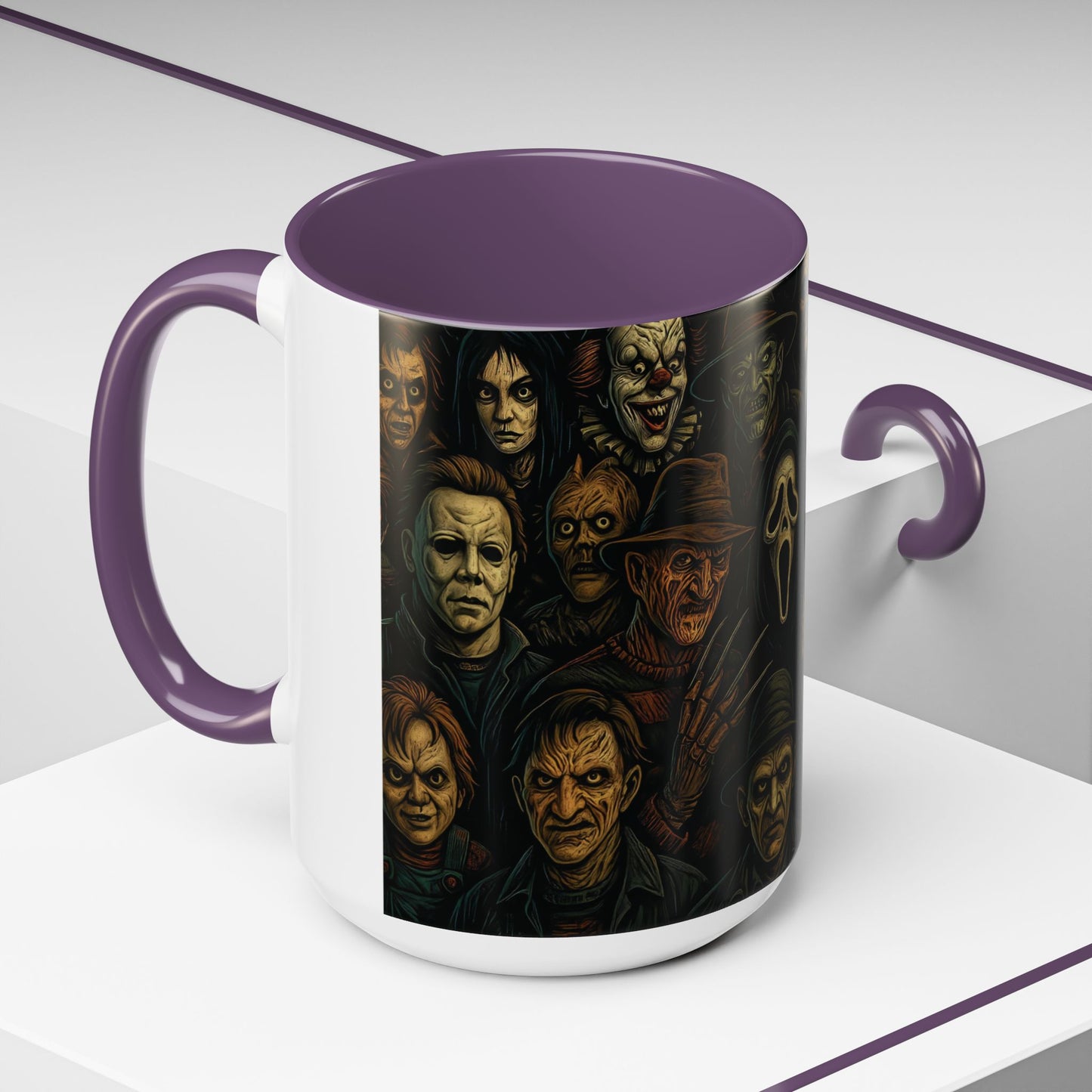 Horror Villain Collage Mug – 15oz & 11oz Ceramic Coffee Mug – Slasher Icons Halloween Gift – Goth Horrorcore Kitchen Decor