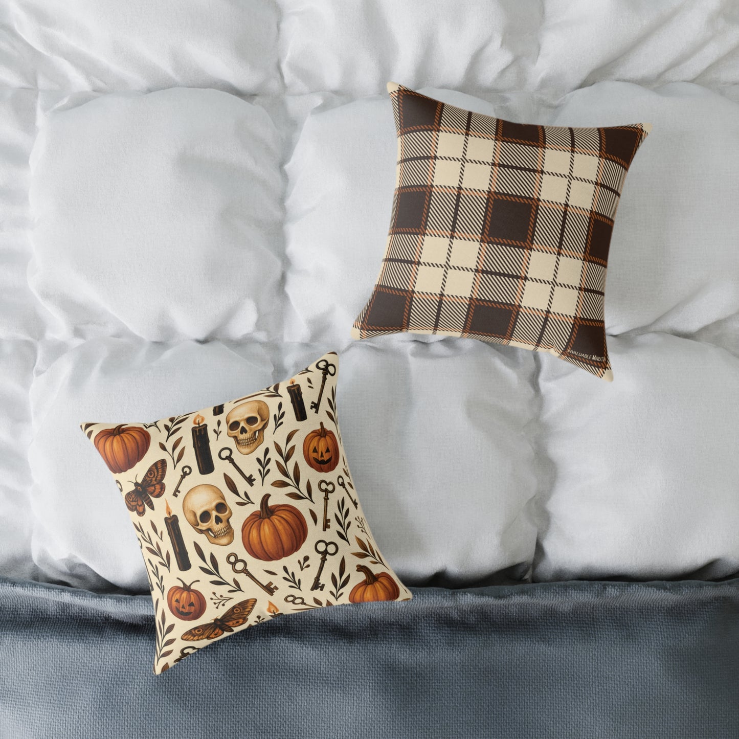 Gothic Halloween Throw Pillow – Colorway Poly Canvas – Reversible Plaid – Skulls, Moths & Black Candles – Premium Fall Decor