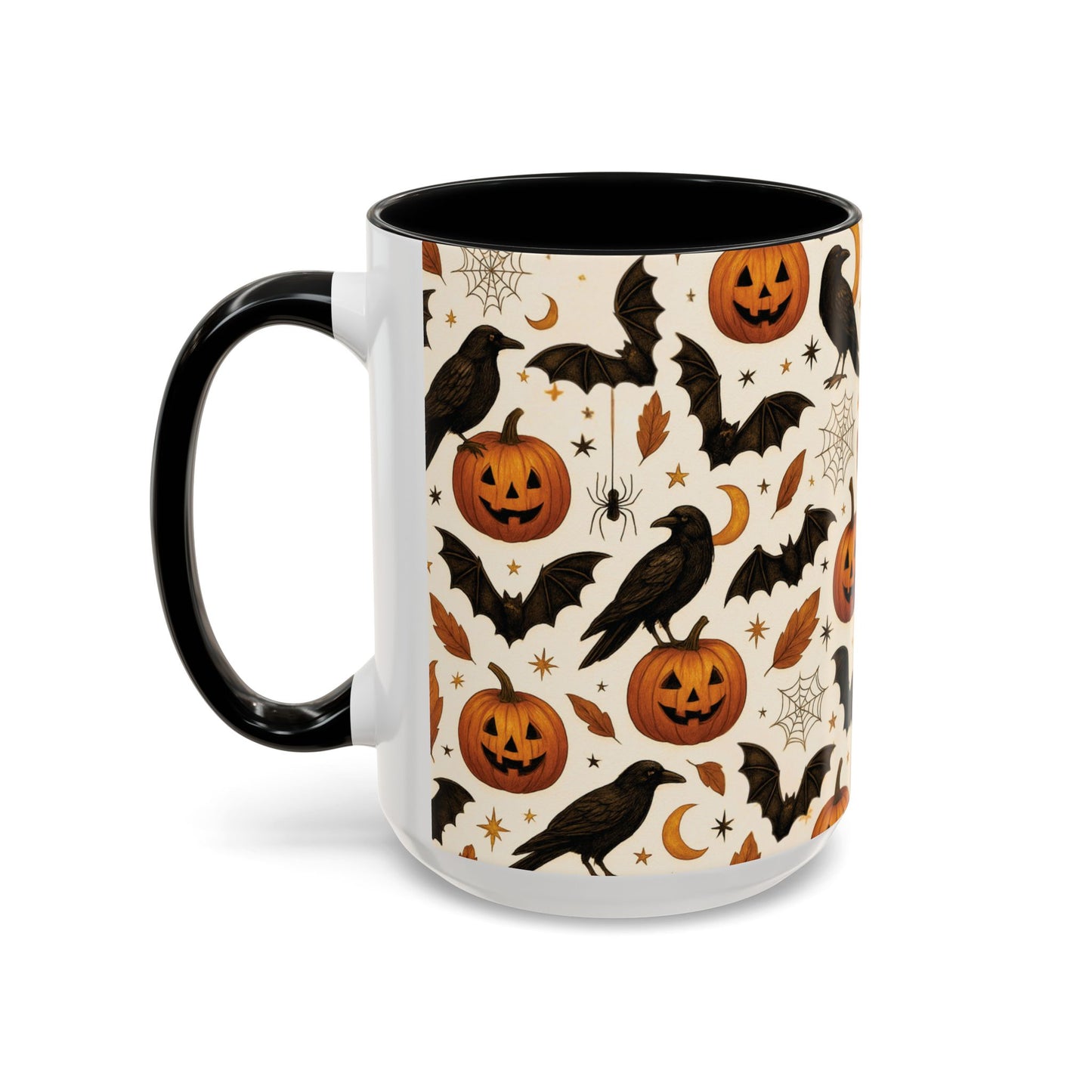 Halloween Raven & Pumpkin Color Accent Mug β Gothic Crow, Bats & Jack-oβ-Lantern Coffee Cup (11oz & 15oz) β Spooky Autumn Drinkware