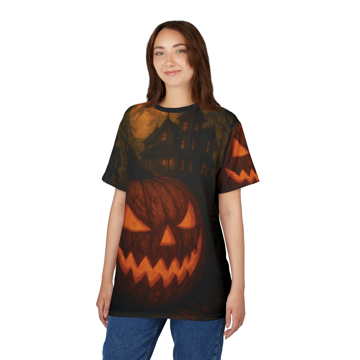 Haunted Jack-O’-Lantern – Gothic AOP Unisex Halloween T-Shirt | Pumpkin & Haunted House Tee