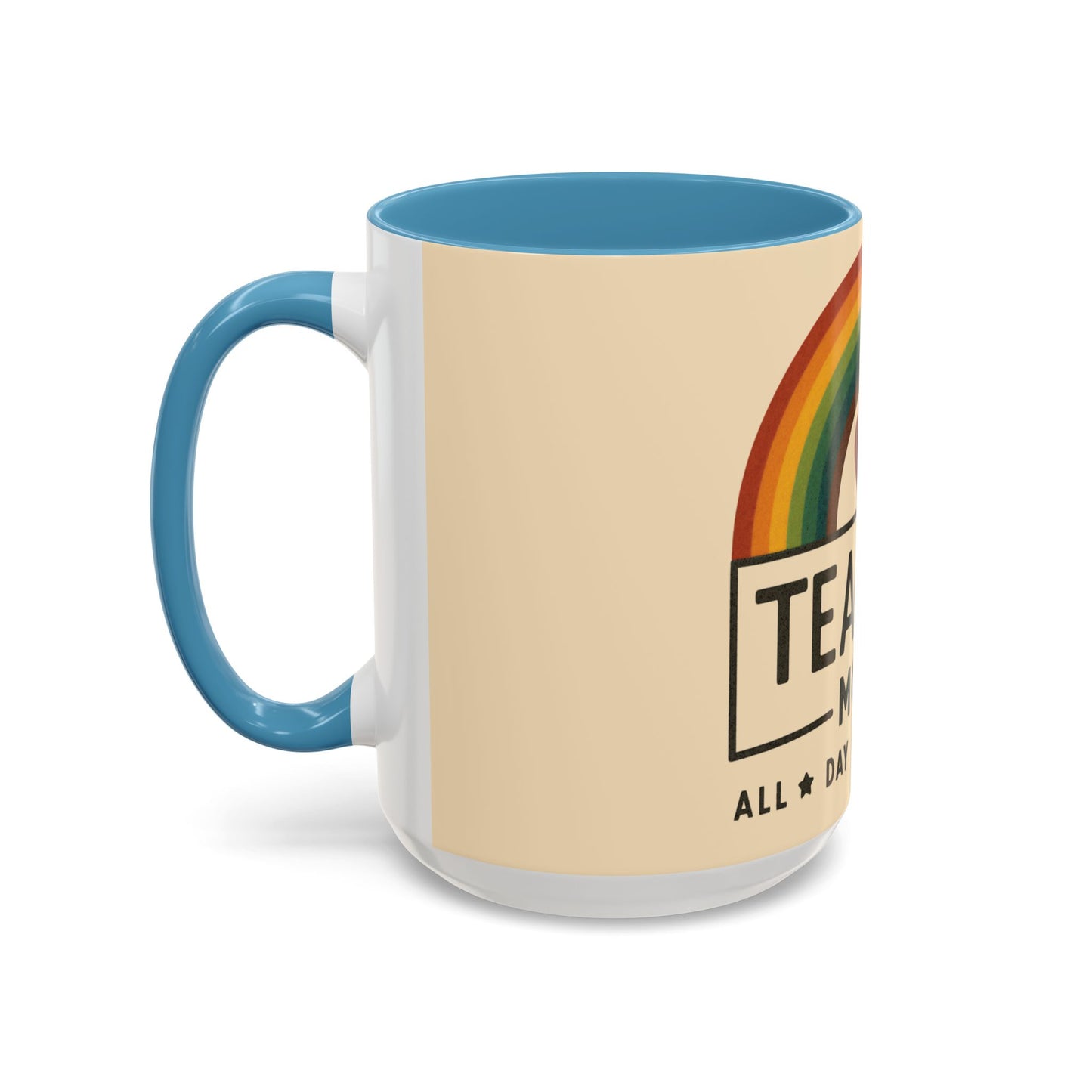 Teacher Mode – Color Accent Mug (11oz/15oz) • Rainbow Heart • Teacher Gift • Dishwasher & Microwave Safe