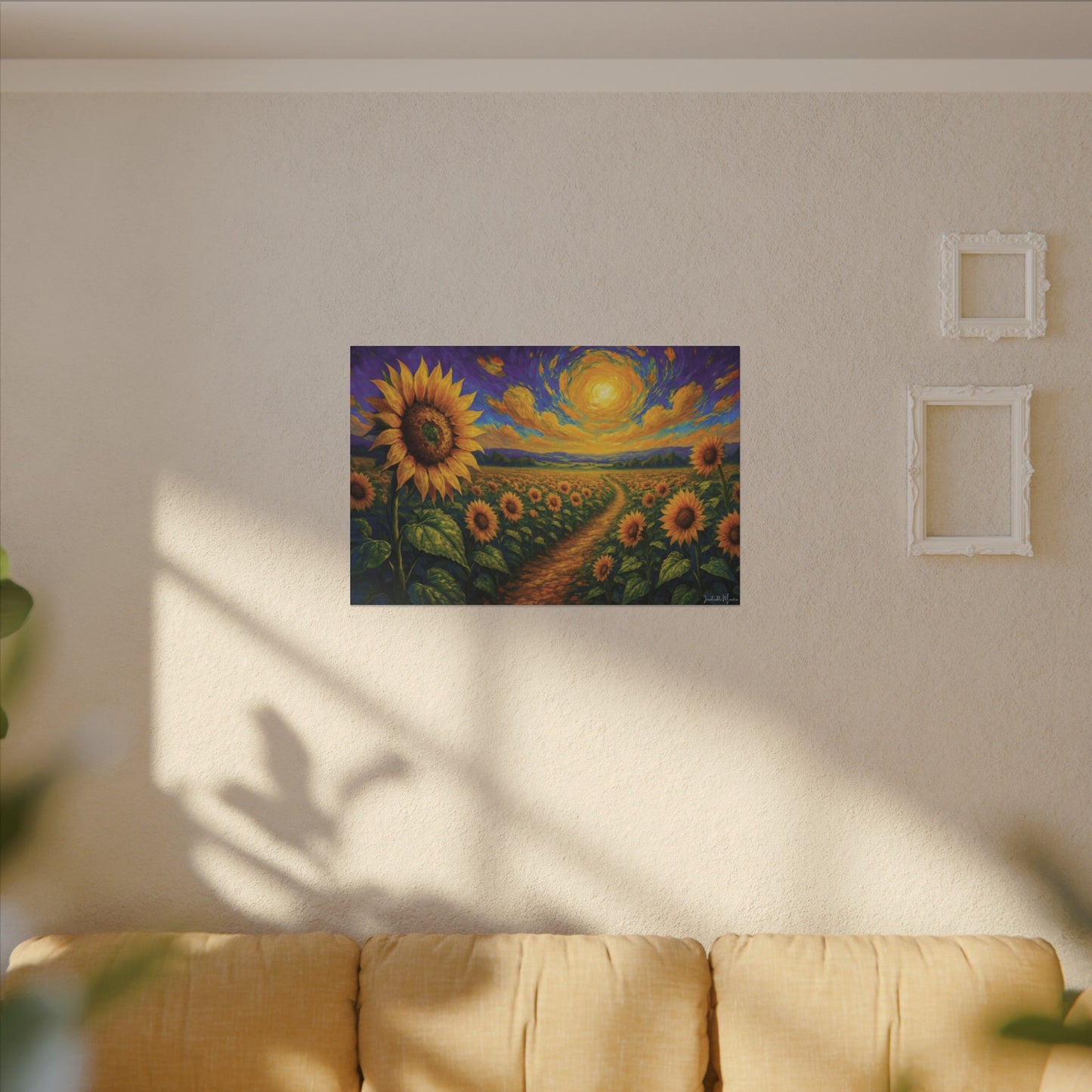 Sunflower Field Canvas Wall Art β Vibrant Golden Blooms, Van Gogh Inspired Sky, Horizontal Landscape Print