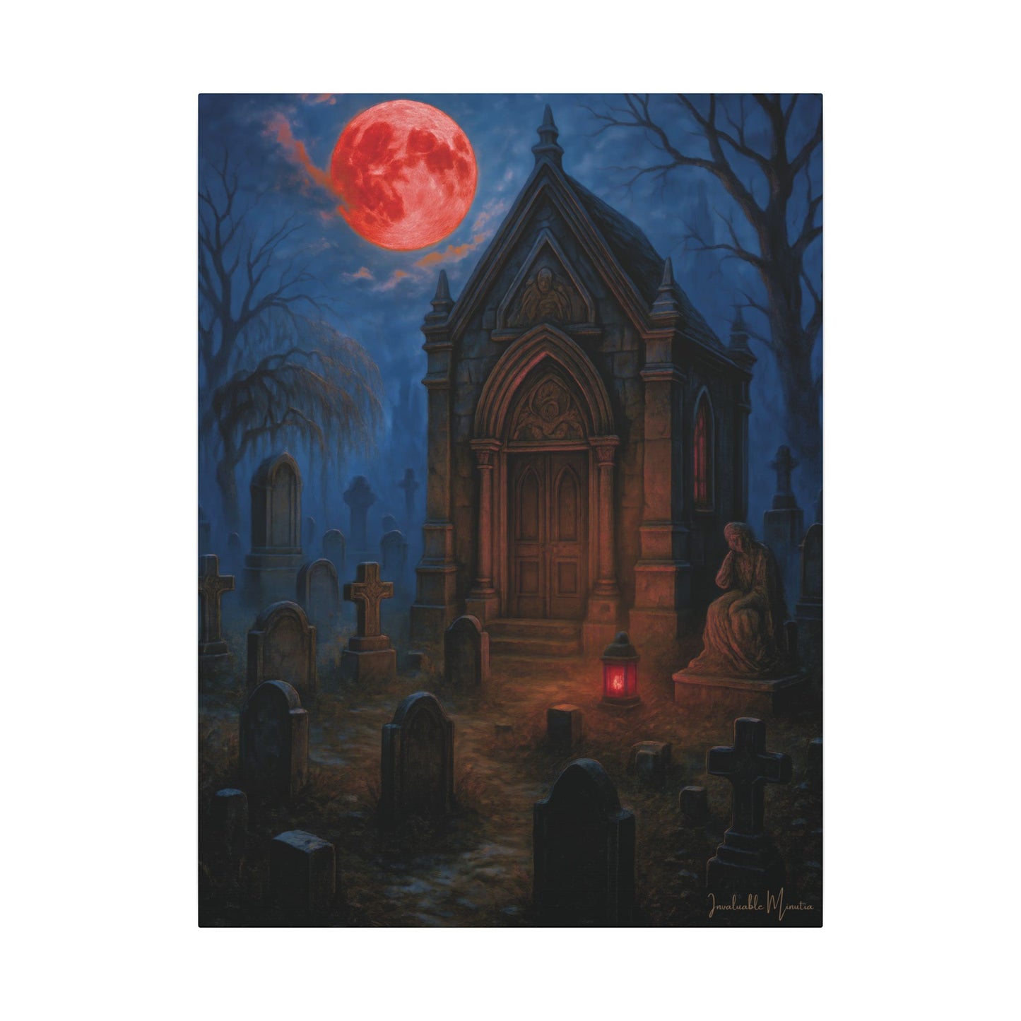 "Blood Moon Mausoleum" – Gothic Graveyard Fine Art Matte Canvas Print (Vertical)