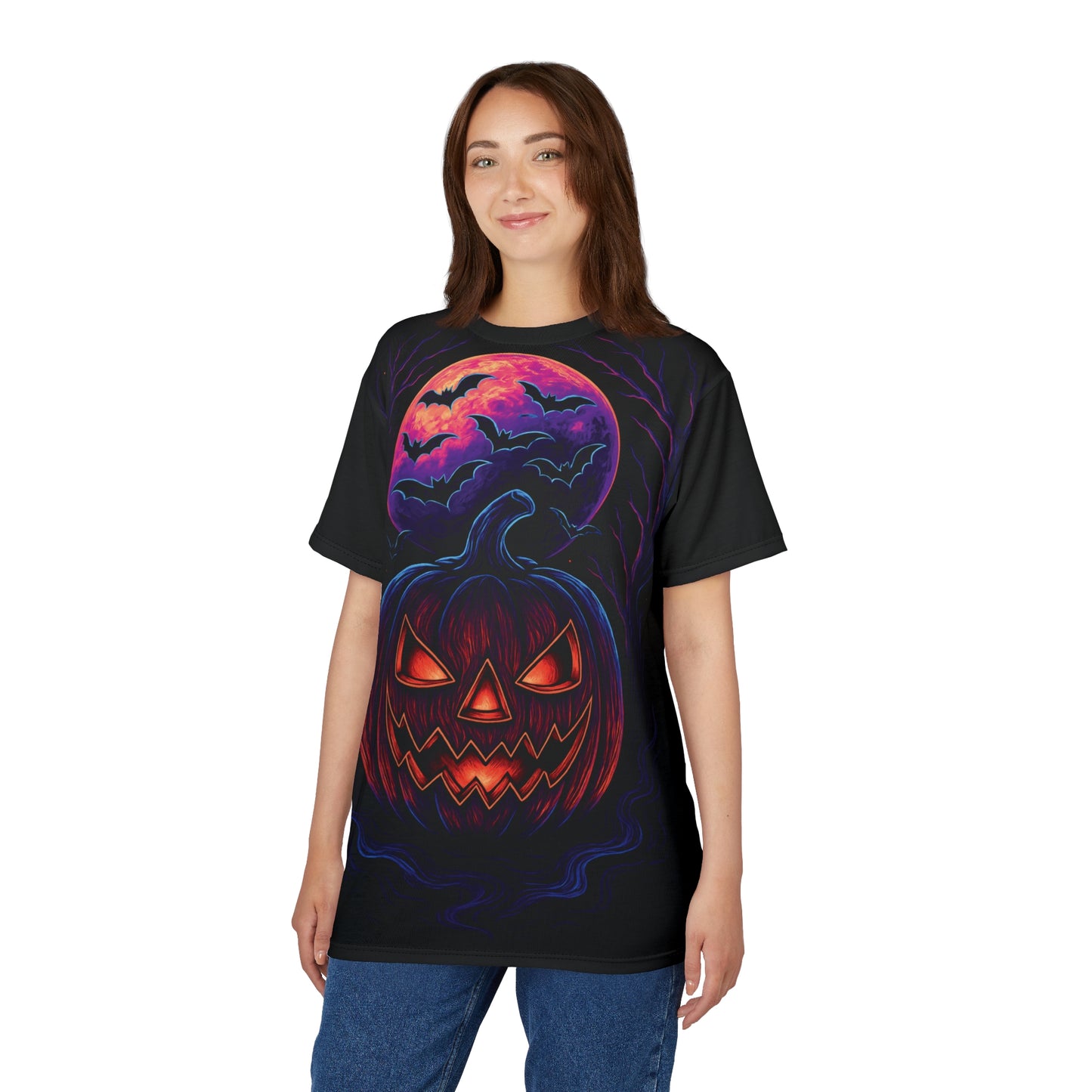 Neon Jack-oβ-Lantern AOP Halloween T-Shirt β Glowing Pumpkin & Bats Extra Large Print Tee (All-Over Print)