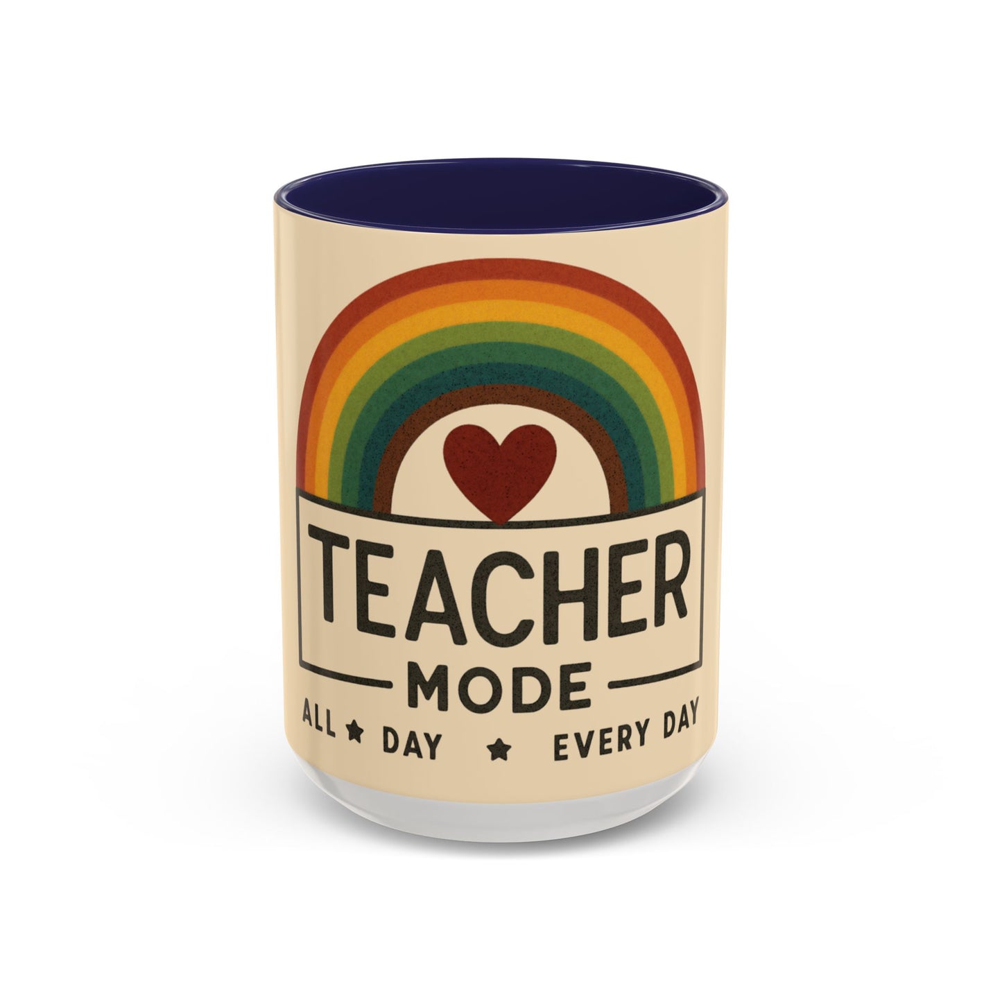 Teacher Mode – Color Accent Mug (11oz/15oz) • Rainbow Heart • Teacher Gift • Dishwasher & Microwave Safe