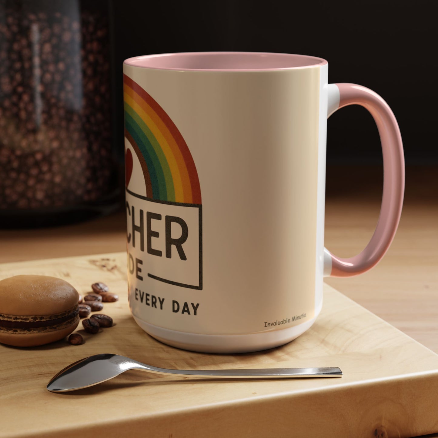 Teacher Mode – Color Accent Mug (11oz/15oz) • Rainbow Heart • Teacher Gift • Dishwasher & Microwave Safe
