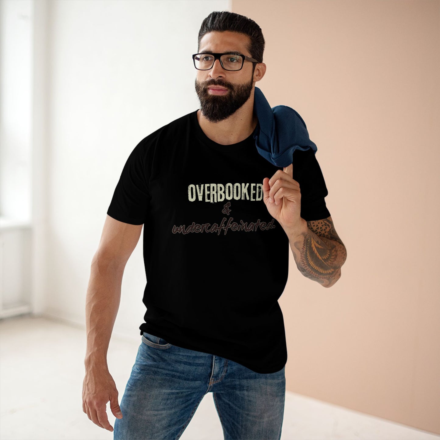 Overbooked & Undercaffeinated Funny T-Shirt – Premium AS Colour Tee for Coffee Lovers