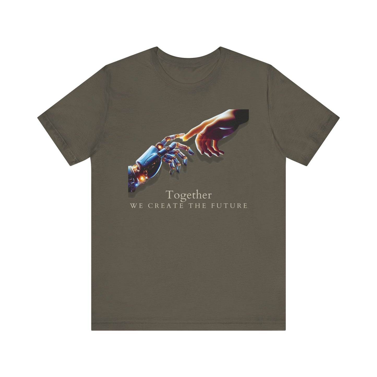 Robotic & Human Hand Touching Jersey Tee - "Together We Create the Future" - Inspirational T-Shirt - Soft, Comfortable Graphic Tee