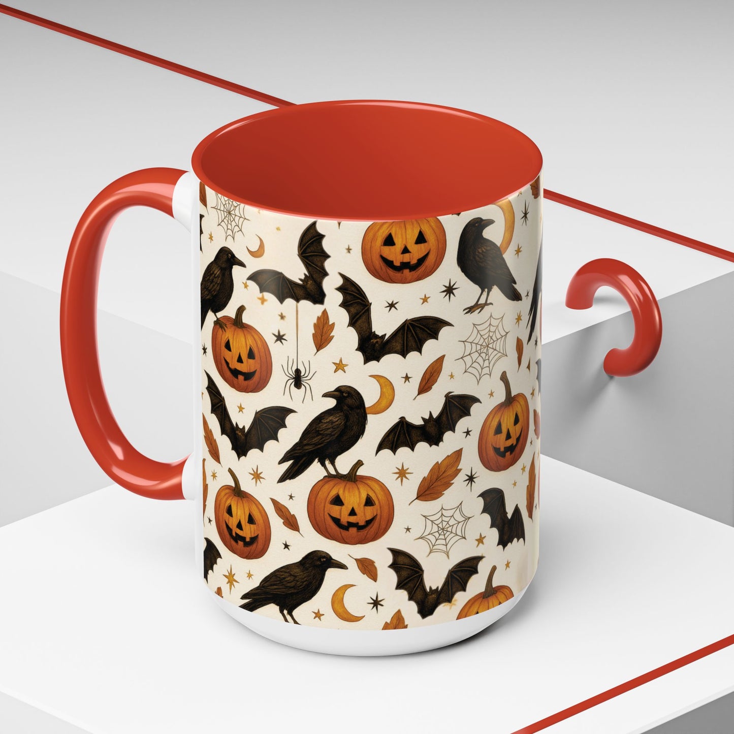 Halloween Raven & Pumpkin Color Accent Mug β Gothic Crow, Bats & Jack-oβ-Lantern Coffee Cup (11oz & 15oz) β Spooky Autumn Drinkware