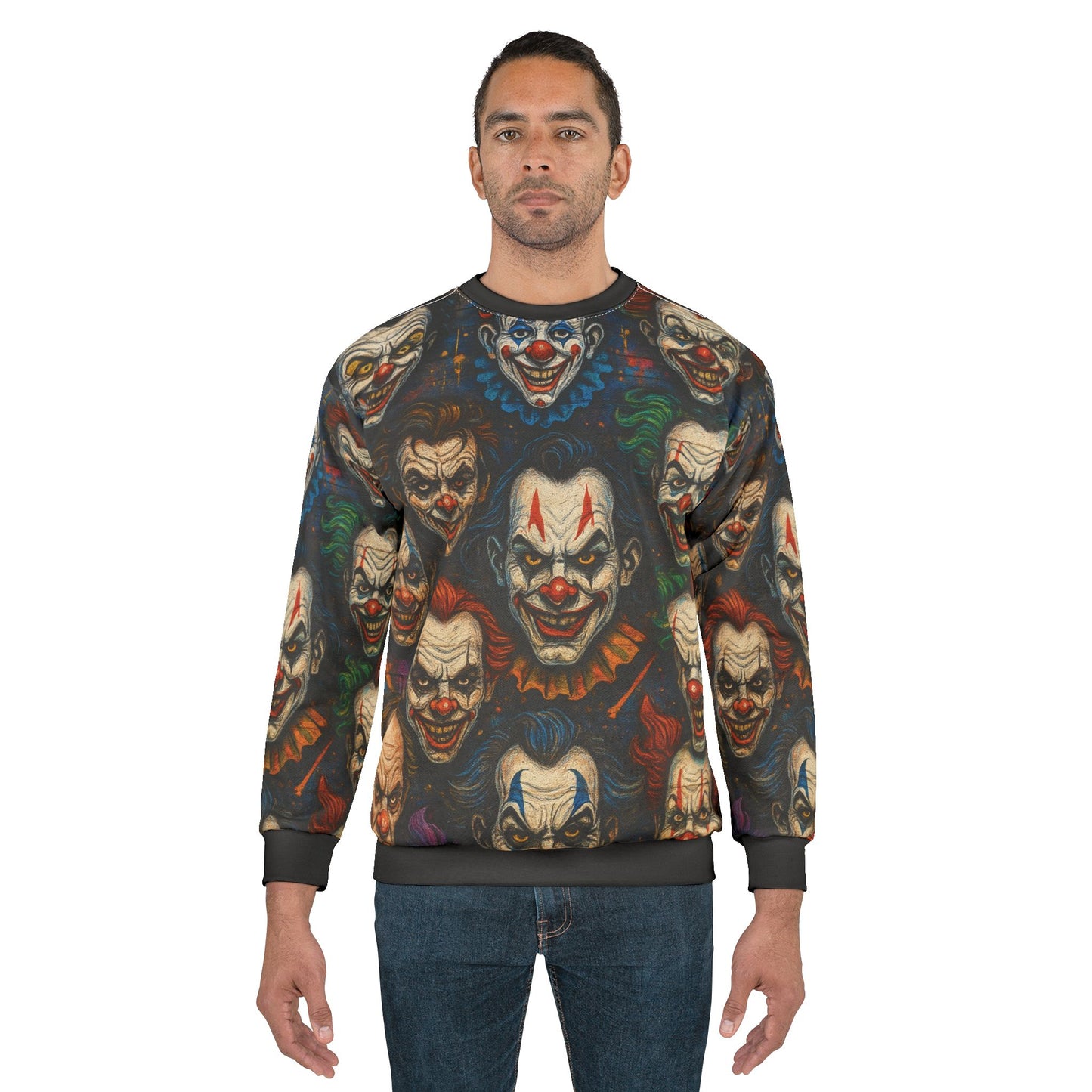 Carnival of Nightmares AOP Unisex Sweatshirt – Creepy Clown Faces | Spooky Season Horror Crewneck | Free Worldwide Shipping