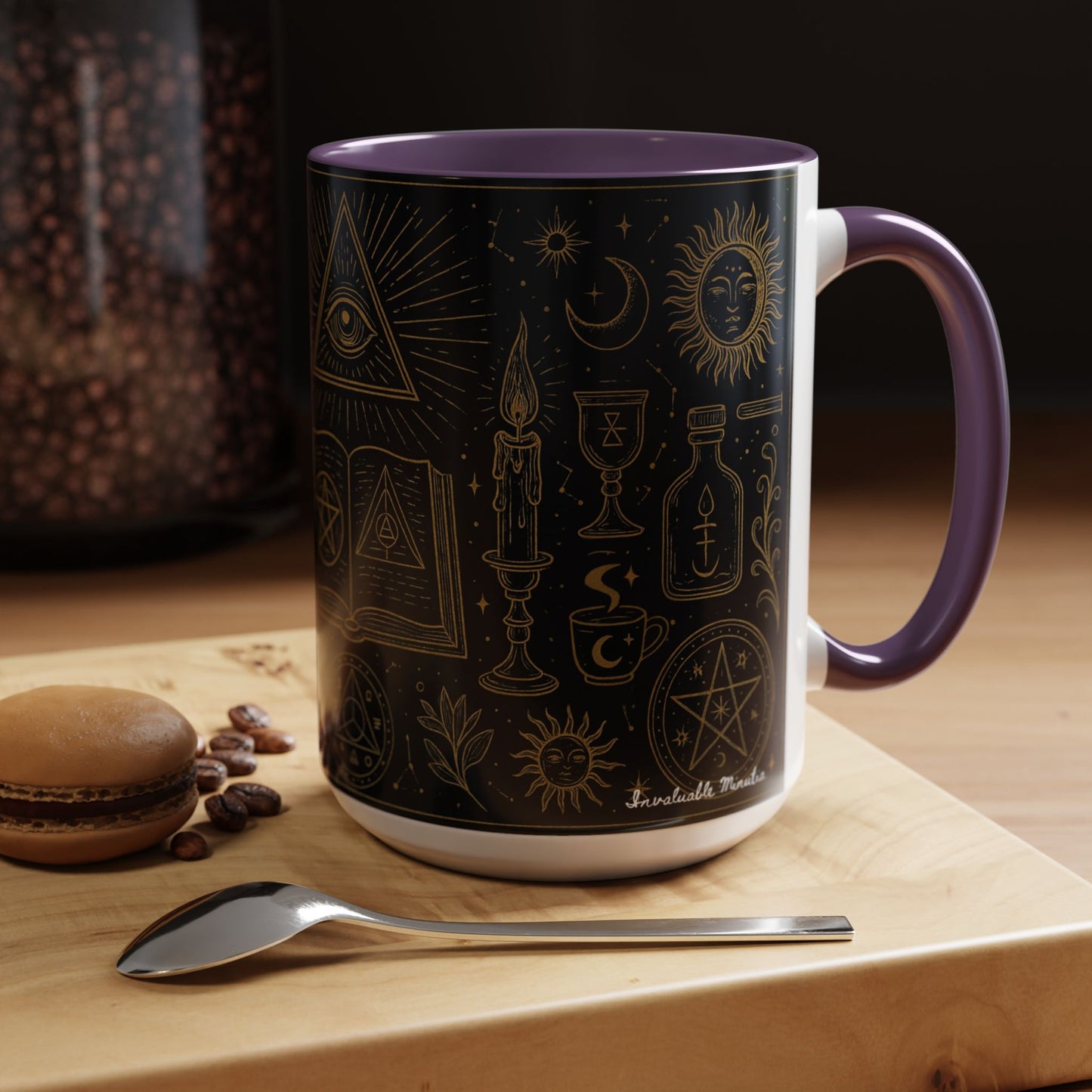 Witchy Aesthetic Coffee Mug โ 15oz Black & Purple Ceramic with Occult Symbols โ Goth Kitchen Decor, Halloween Gift Idea - 11oz/15oz