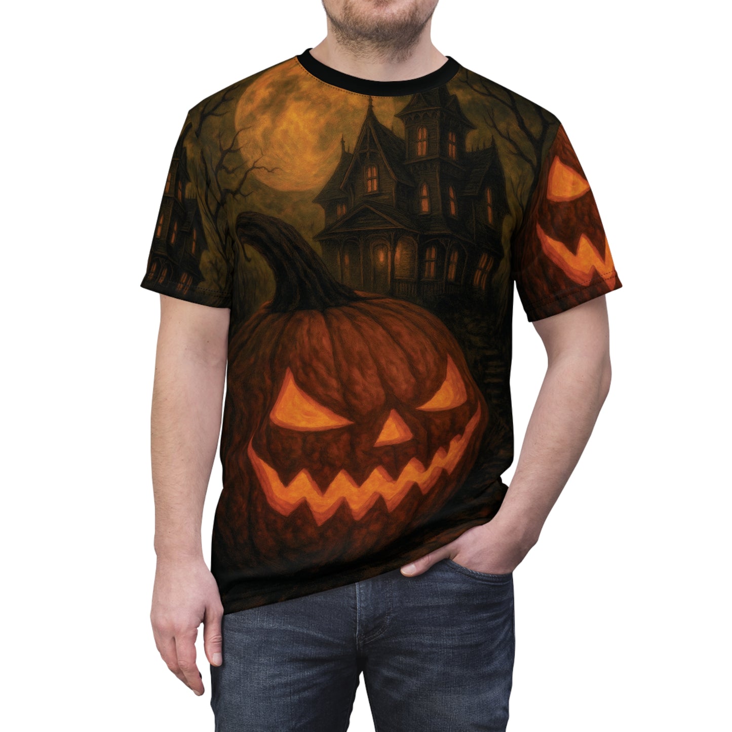 Haunted Jack-O’-Lantern – Gothic AOP Unisex Halloween T-Shirt | Pumpkin & Haunted House Tee