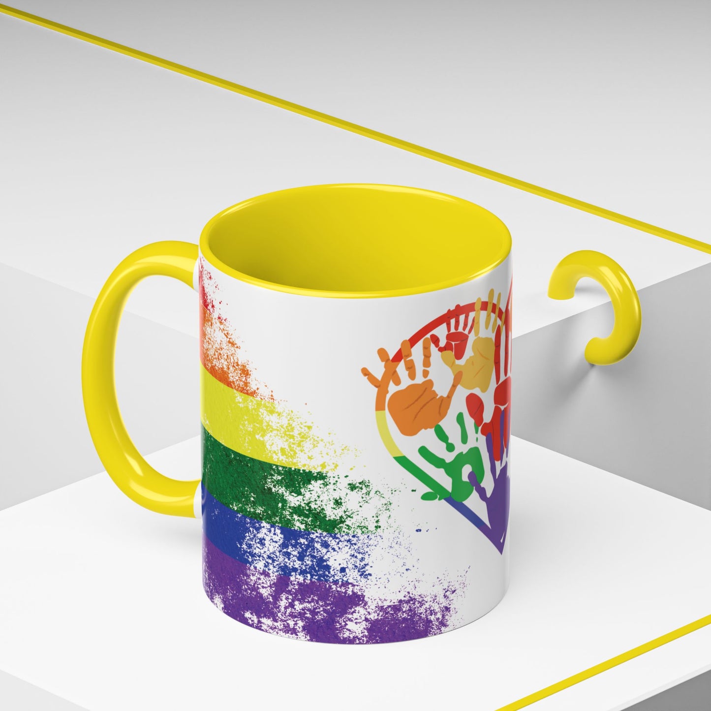 Handprint Heart Pride Mug | Rainbow Splash Ceramic Cup | 11oz & 15oz