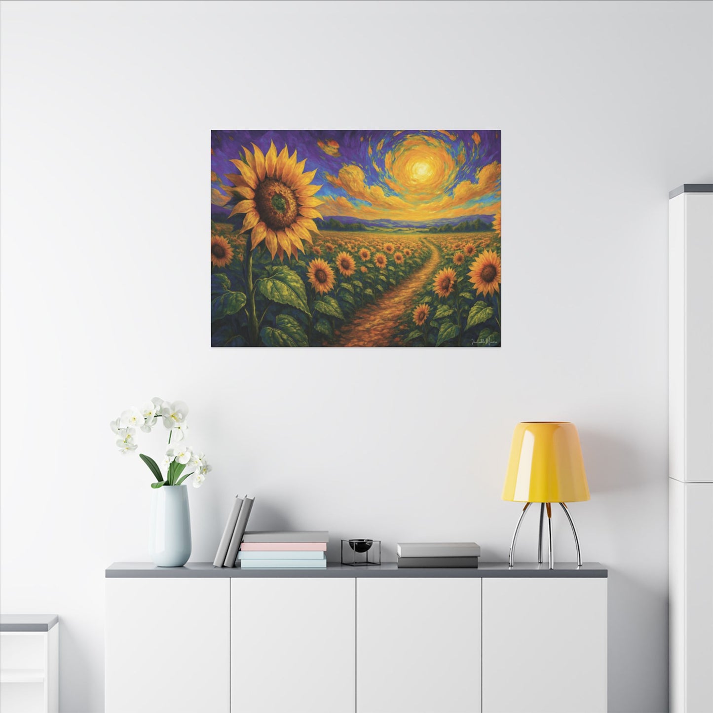 Sunflower Field Canvas Wall Art β Vibrant Golden Blooms, Van Gogh Inspired Sky, Horizontal Landscape Print