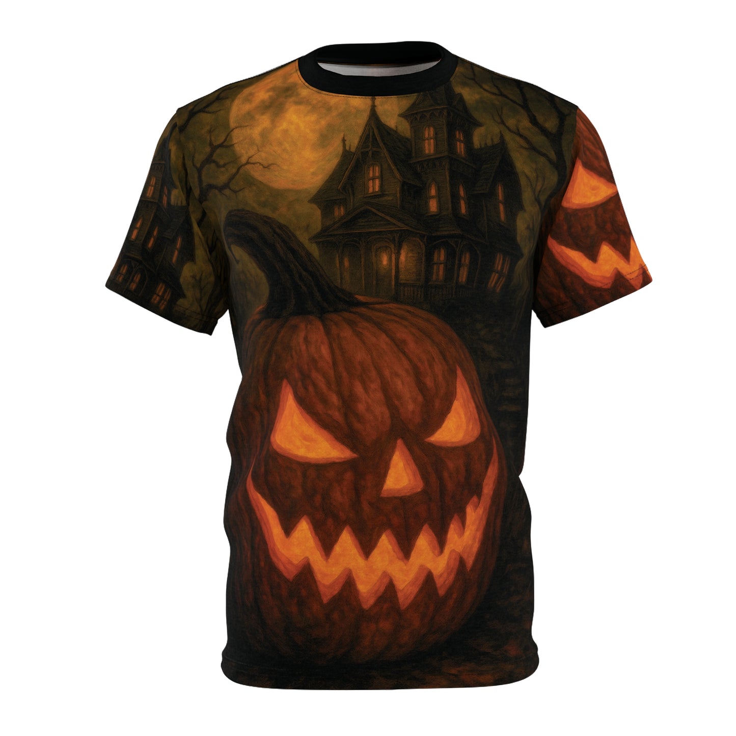 Haunted Jack-O’-Lantern – Gothic AOP Unisex Halloween T-Shirt | Pumpkin & Haunted House Tee