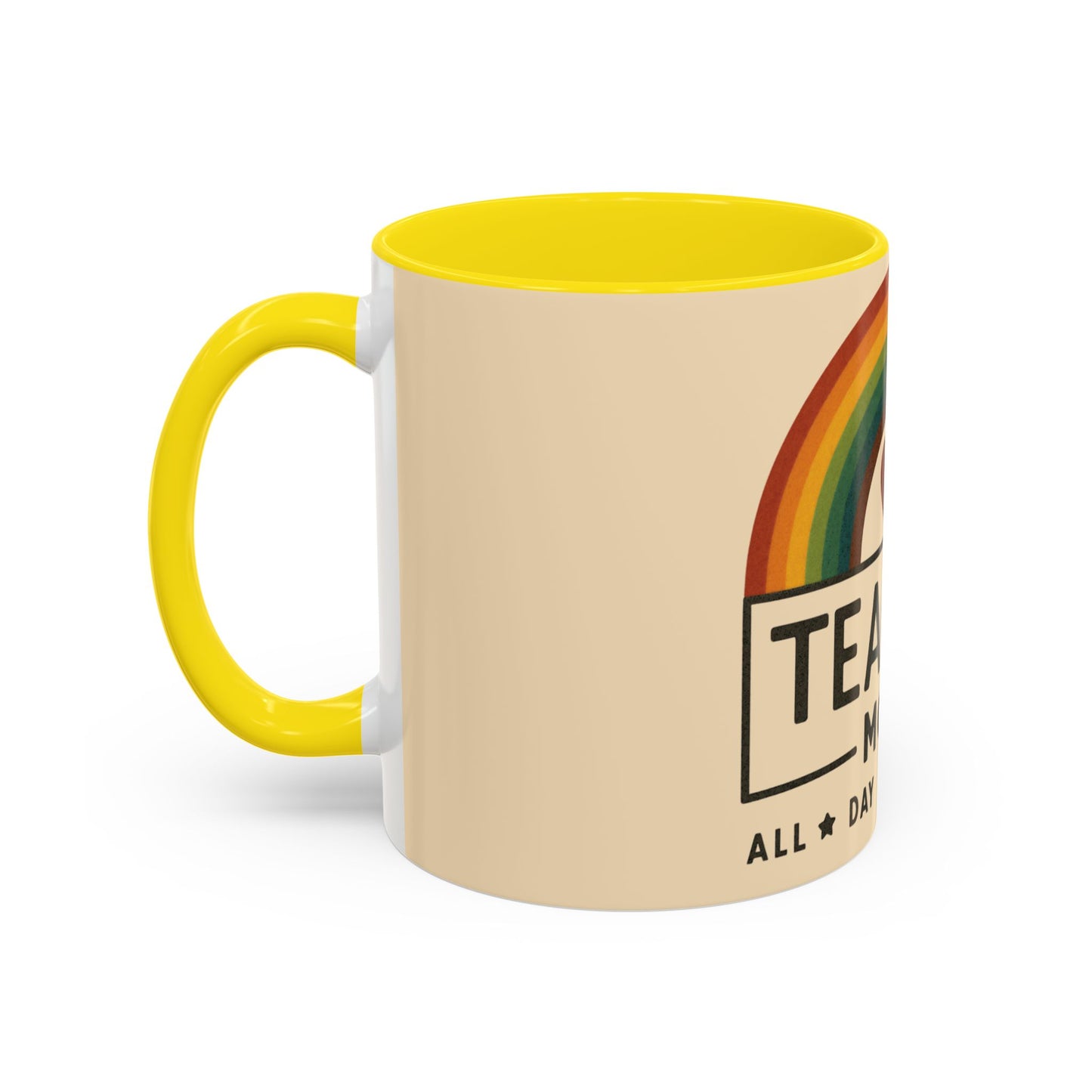 Teacher Mode – Color Accent Mug (11oz/15oz) • Rainbow Heart • Teacher Gift • Dishwasher & Microwave Safe