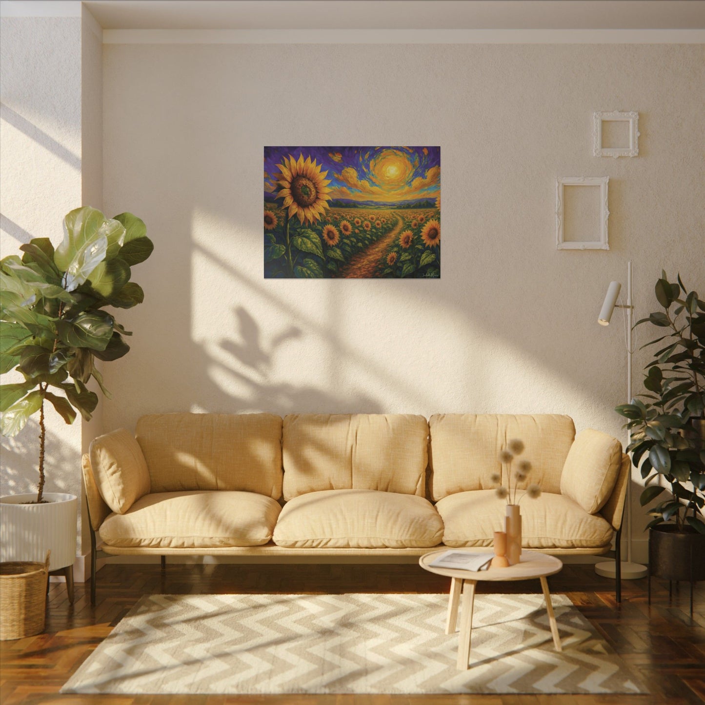 Sunflower Field Canvas Wall Art β Vibrant Golden Blooms, Van Gogh Inspired Sky, Horizontal Landscape Print