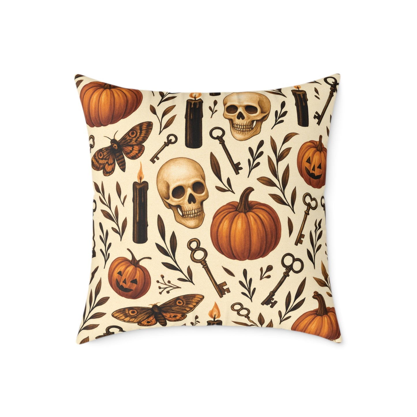 Gothic Halloween Throw Pillow – Colorway Poly Canvas – Reversible Plaid – Skulls, Moths & Black Candles – Premium Fall Decor