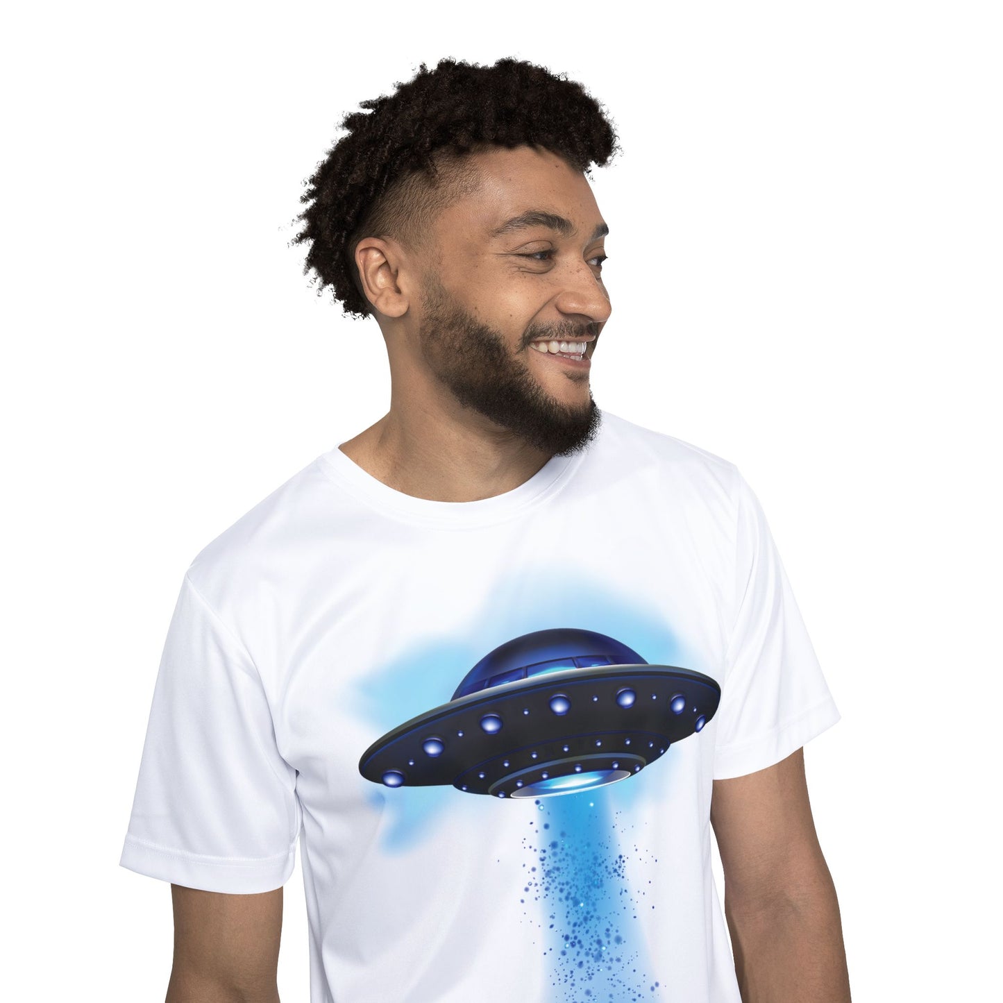Cat Abduction Tee - Sports Jersey, Men's/Unisex Moisture Wicking AOP Tee, Large Print, Funny Cat T-shirt, UFO Shirt