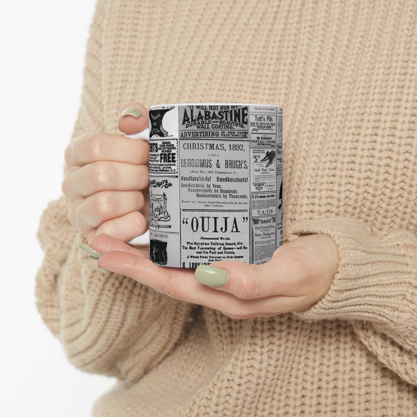 Occult Americana Coffee Tea Mug | 1800s Vintage Newspaper Ad Collage Ceramic Mug - 11oz and 15oz