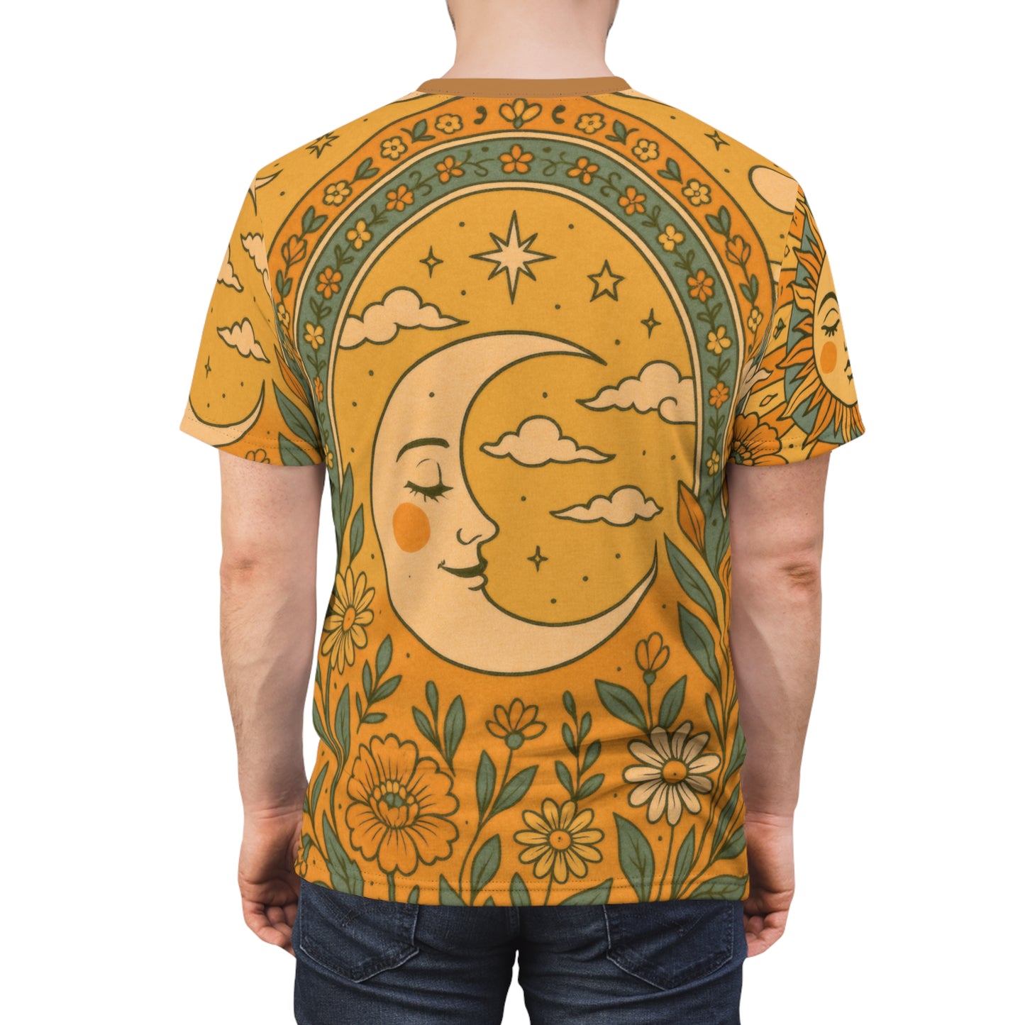 Sun & Moon Boho Vibes Unisex Cut & Sew Tee | AOP Shirt, Boho Style Tee, Perfect for Summer, Gift for Nature Lovers, Festival Wear