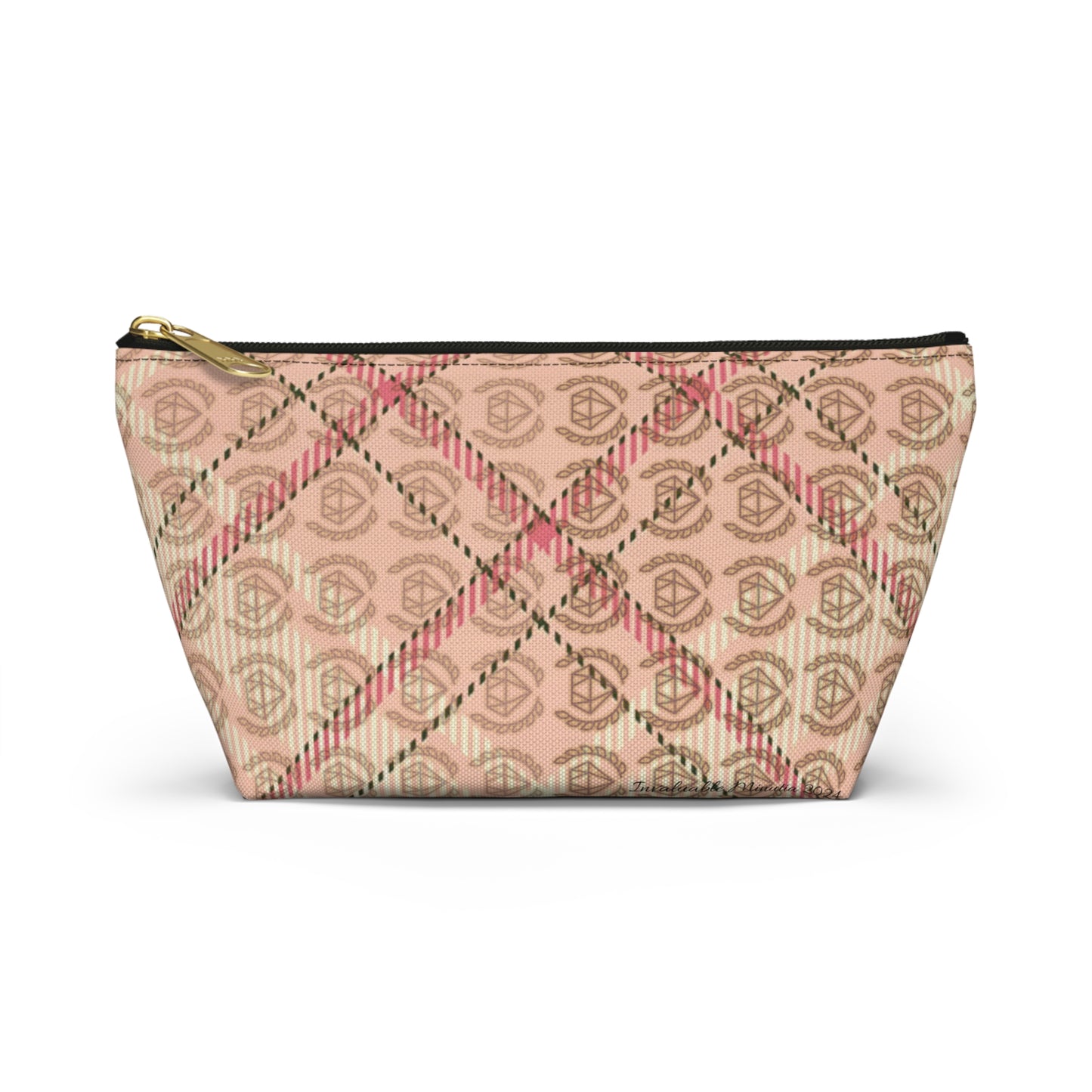 Elegant Plaid T-Bottom Accessory Pouch • Soft Pink Travel Bag with Boutique Monogram • Small or Large Sizes