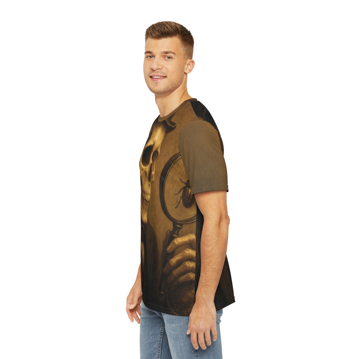 Skeleton Sleuth – Gothic AOP Unisex T-Shirt | Vintage Detective Skull Tee