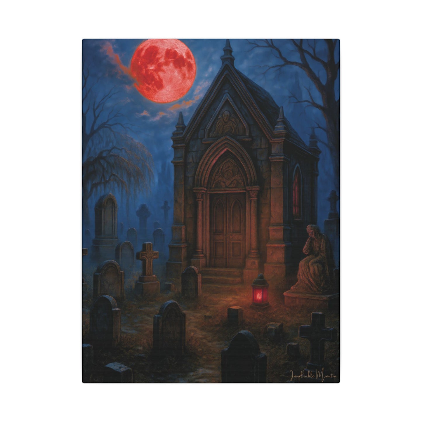 "Blood Moon Mausoleum" – Gothic Graveyard Fine Art Matte Canvas Print (Vertical)
