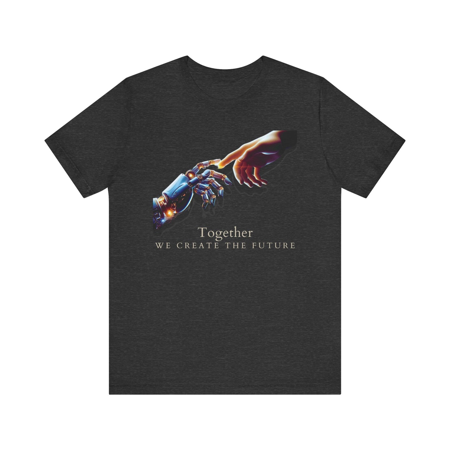 Robotic & Human Hand Touching Jersey Tee - "Together We Create the Future" - Inspirational T-Shirt - Soft, Comfortable Graphic Tee