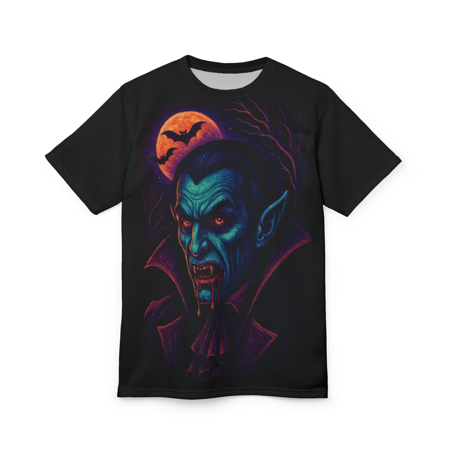 Vampire AOP Halloween T-Shirt β Neon Bloodthirsty Count Extra Large Print Tee (All-Over Print)