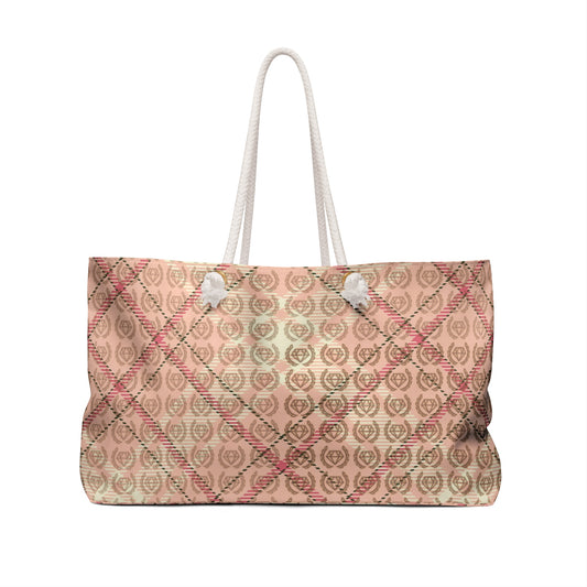 Elegant Blush Plaid Weekender Tote Bag • Oversized Beach & Travel Bag with Rope Handles • Custom Monogram Design