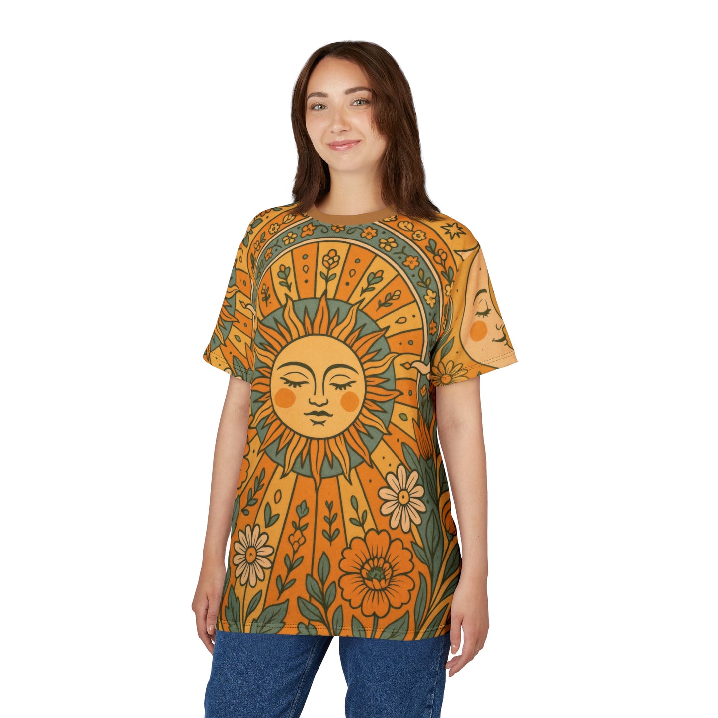 Sun & Moon Boho Vibes Unisex Cut & Sew Tee | AOP Shirt, Boho Style Tee, Perfect for Summer, Gift for Nature Lovers, Festival Wear