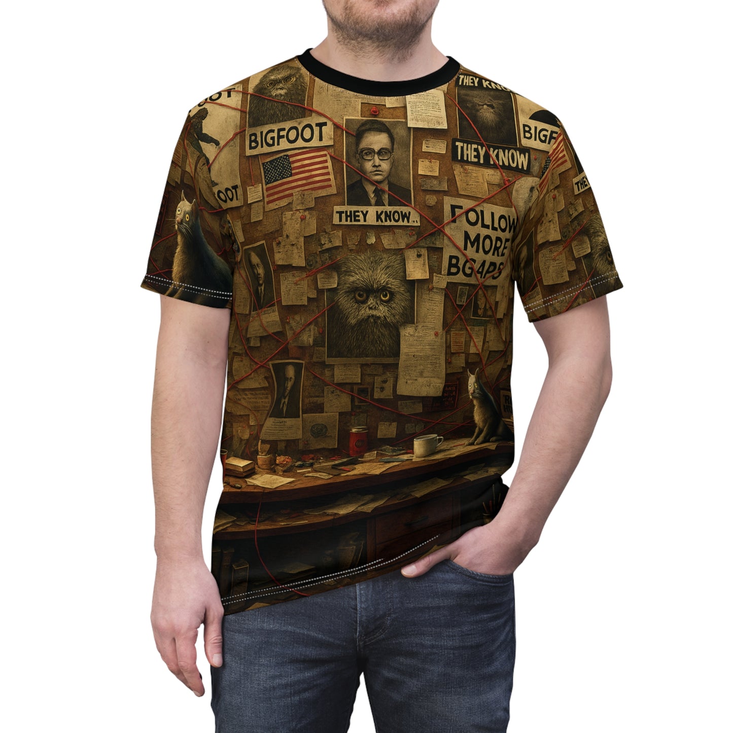 Bigfoot Conspiracy Tee, Unisex T-Shirt, Funny Graphic Tee, Unique Gift for Halloween, Cryptid Lover Fashion, AOP Apparel