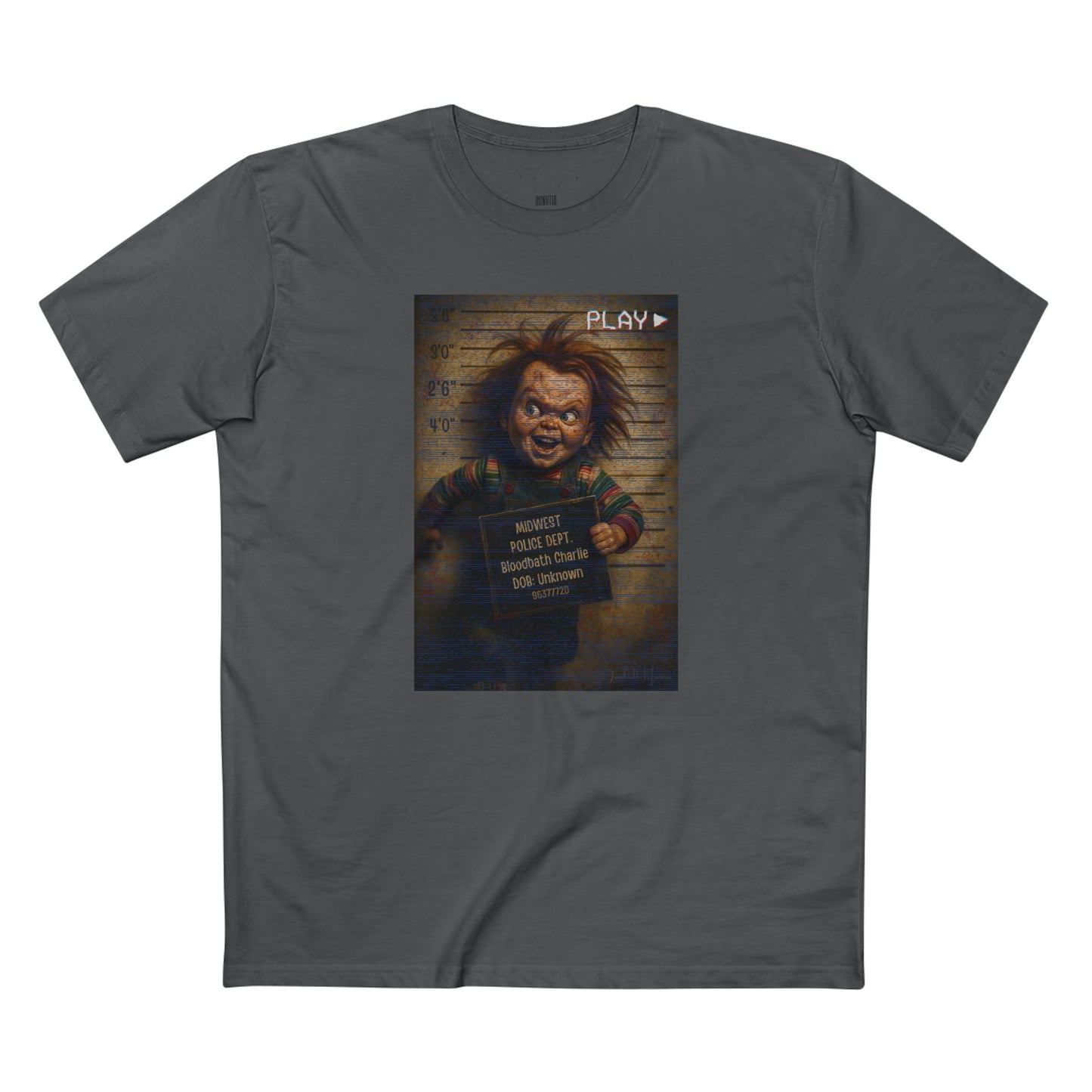 Creepy Killer Doll Mugshot T-Shirt – Halloween Horror Tee, Boutique DTG Print, Premium Cotton Tee, 90s VHS Aesthetic