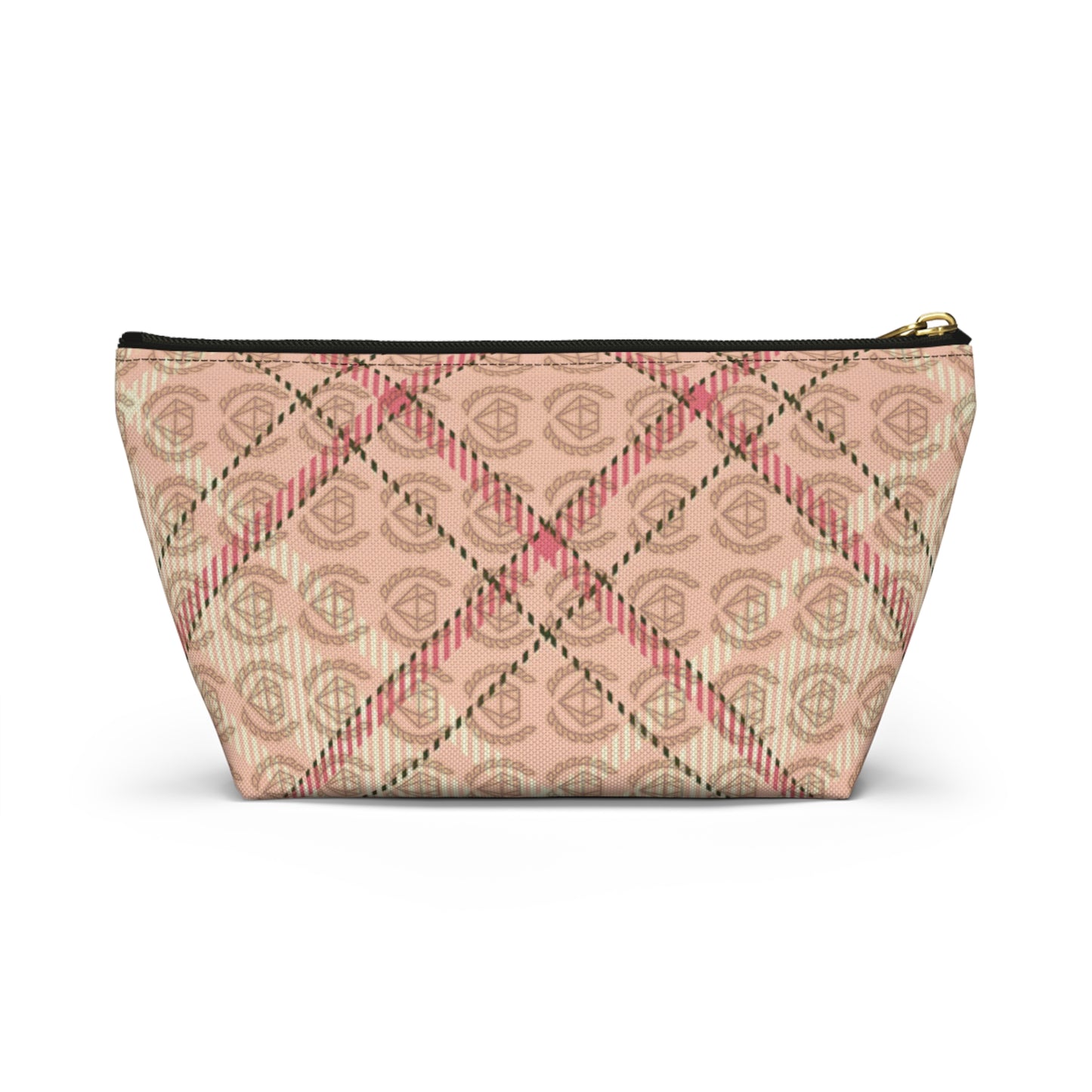 Elegant Plaid T-Bottom Accessory Pouch • Soft Pink Travel Bag with Boutique Monogram • Small or Large Sizes
