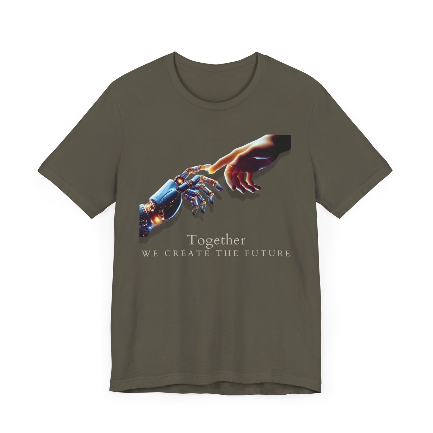 Robotic & Human Hand Touching Jersey Tee - "Together We Create the Future" - Inspirational T-Shirt - Soft, Comfortable Graphic Tee