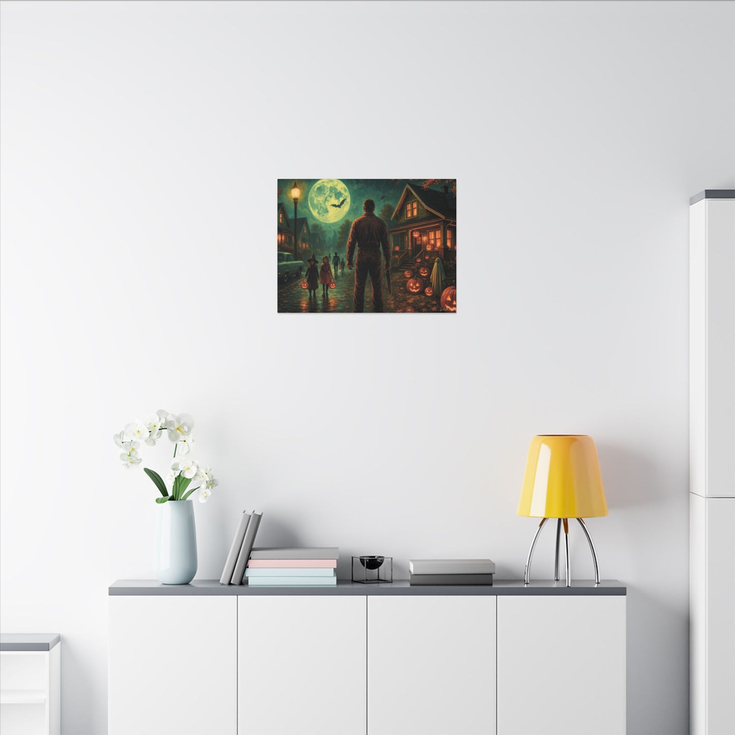 Halloween Neighborhood Scene Canvas Print β Retro Suburban Trick-or-Treat, Glowing Pumpkins & Full Moon Wall Art