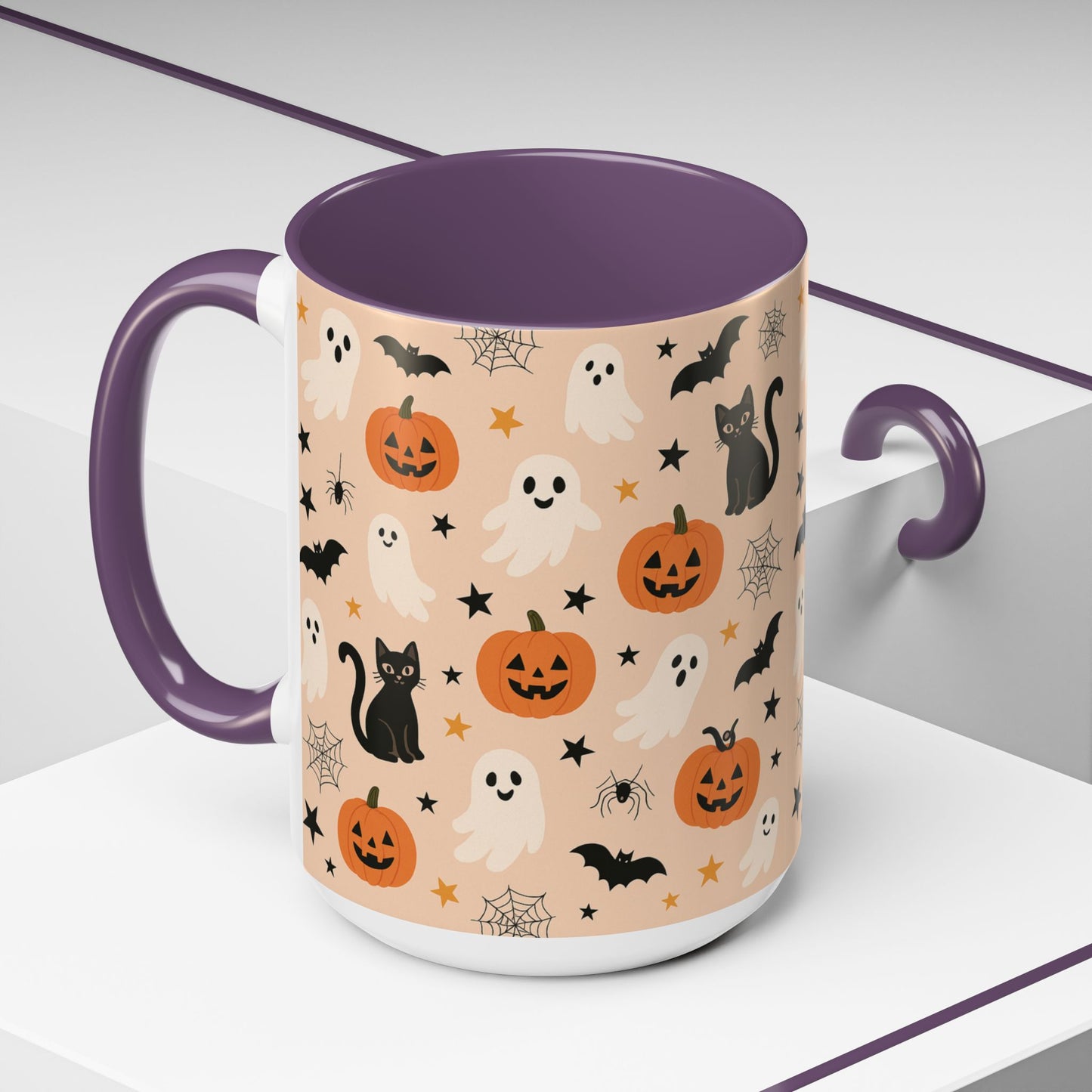 Halloween Color Accent Mug β Ghosts, Pumpkins & Black Cats, Fall Coffee Cup (11oz & 15oz) β Boutique Spooky Season Drinkware