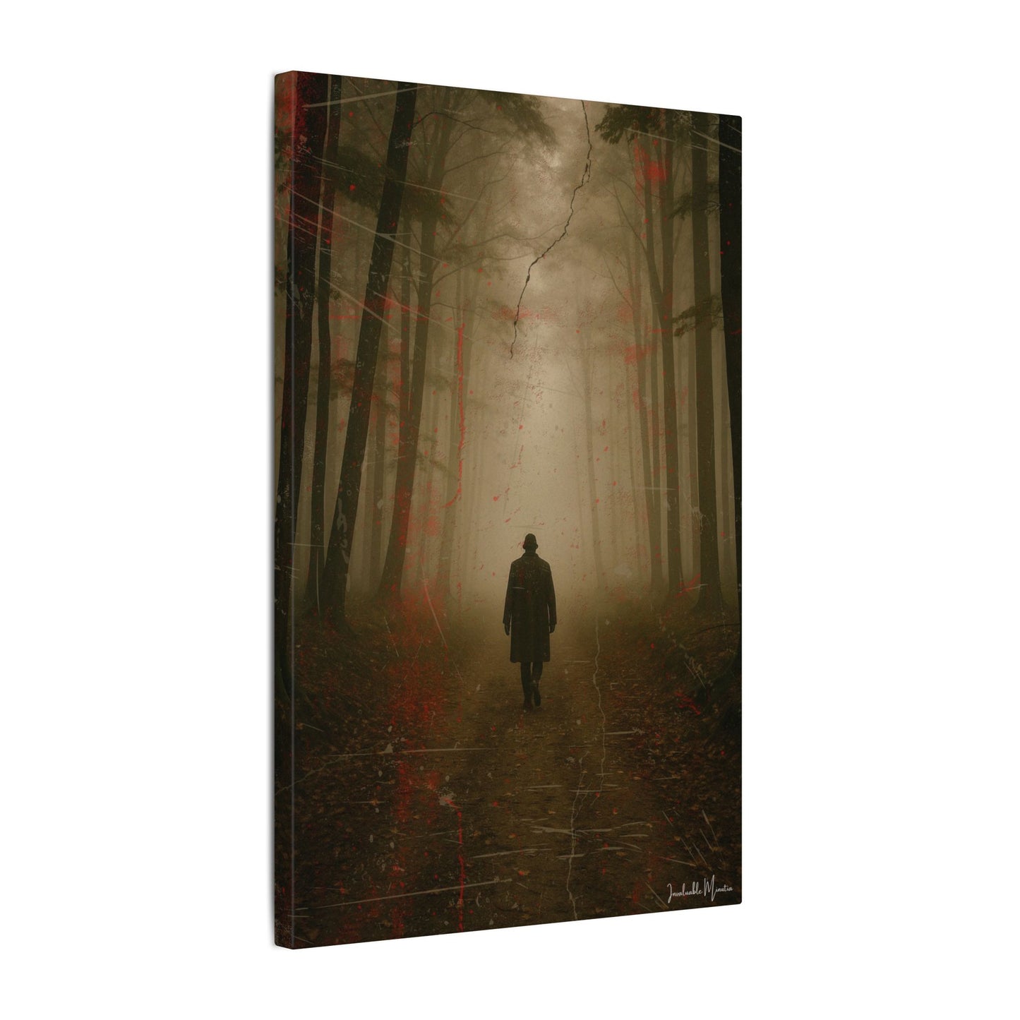 Canvastavla med vertikal dimmig skog – 'Vandraren' | Stämningsfull väggkonst, atmosfärisk dekor, gotiska skogskänslor