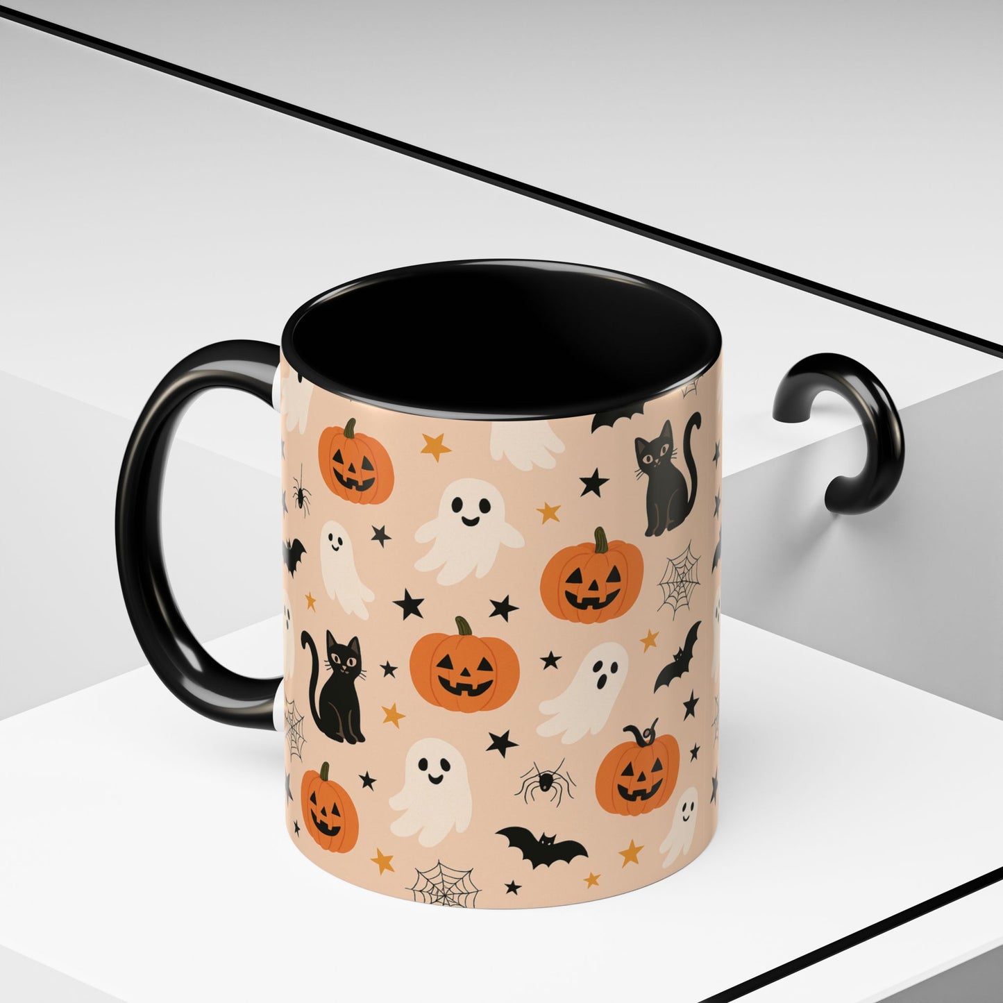 Halloween Color Accent Mug β Ghosts, Pumpkins & Black Cats, Fall Coffee Cup (11oz & 15oz) β Boutique Spooky Season Drinkware