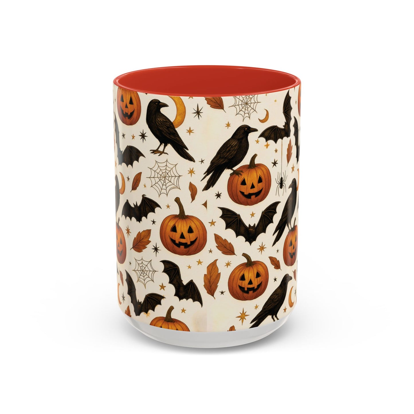Halloween Raven & Pumpkin Color Accent Mug β Gothic Crow, Bats & Jack-oβ-Lantern Coffee Cup (11oz & 15oz) β Spooky Autumn Drinkware