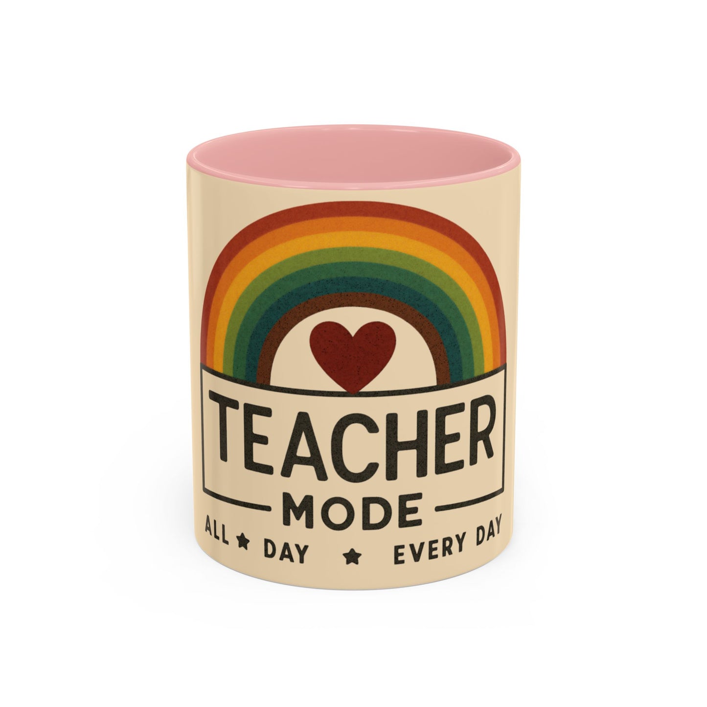 Teacher Mode – Color Accent Mug (11oz/15oz) • Rainbow Heart • Teacher Gift • Dishwasher & Microwave Safe