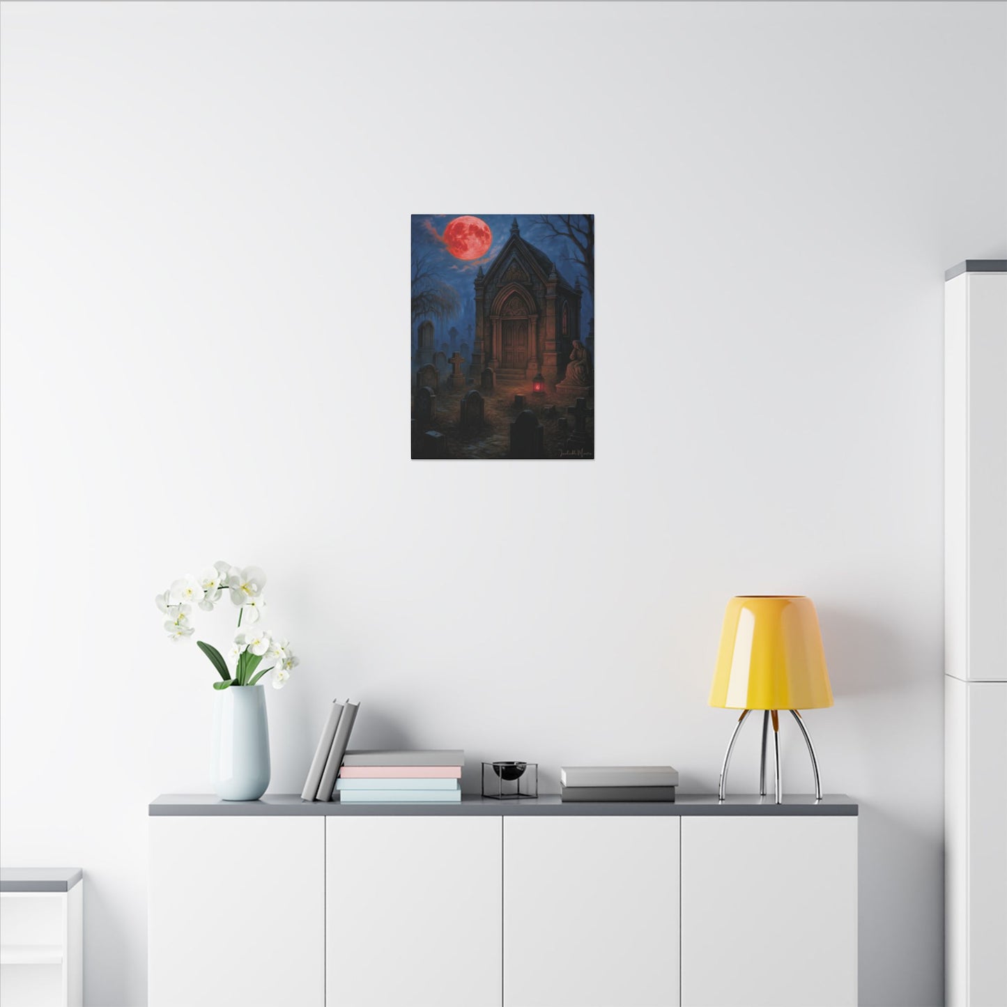 "Blood Moon Mausoleum" – Gothic Graveyard Fine Art Matte Canvas Print (Vertical)