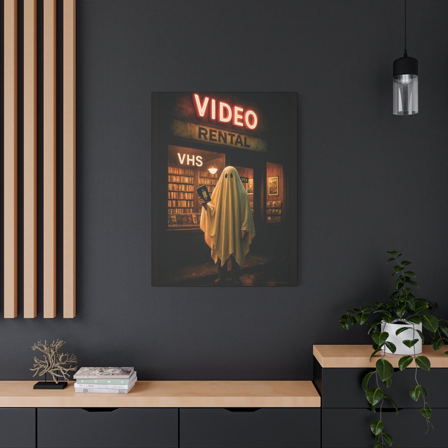 Retro Video Rental Ghost β VHS Nostalgia Matte Stretched Canvas Wall Art | 90s Spooky Decor
